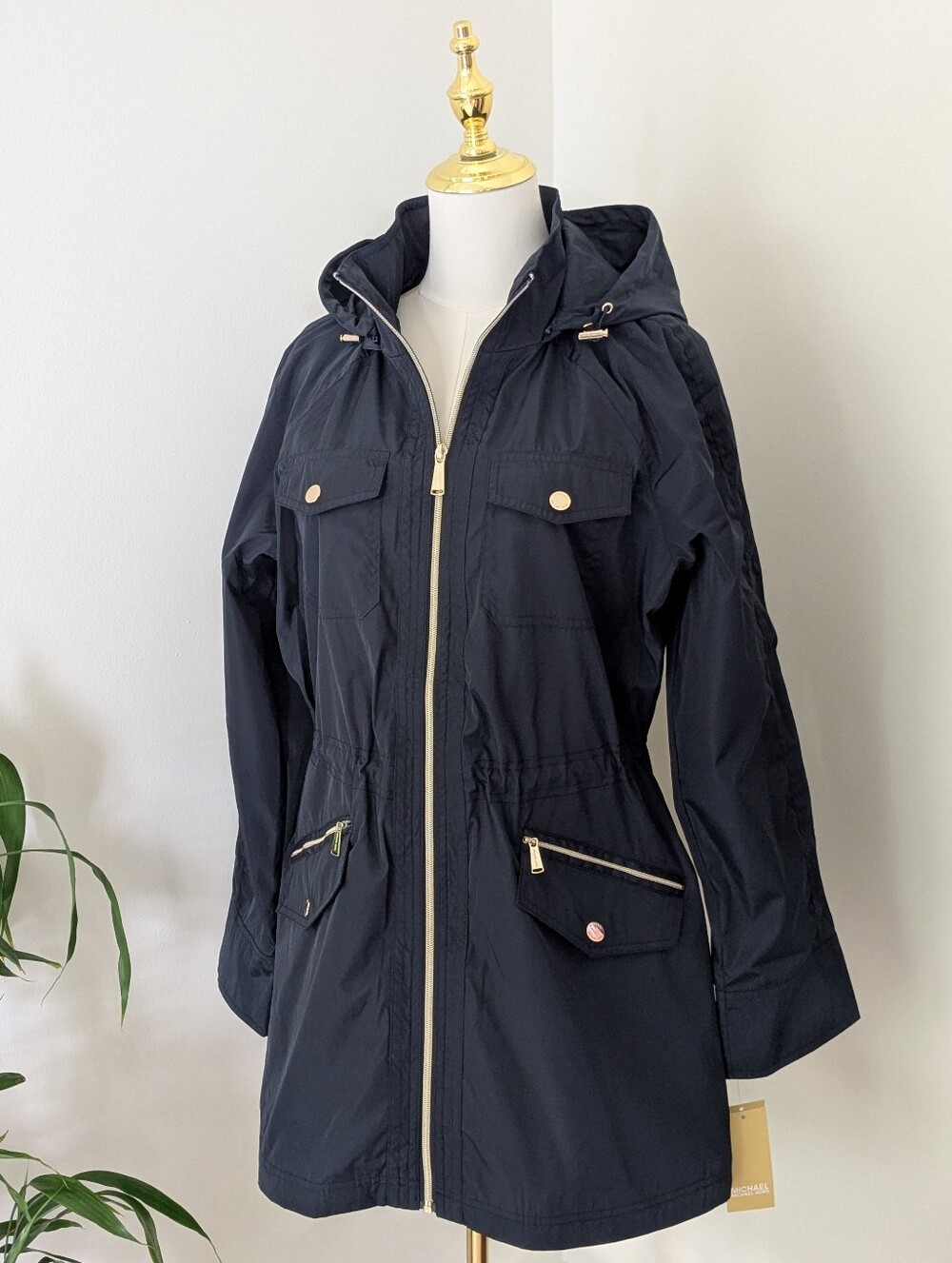 Michael Kors Navy Hooded Utility Jacket with Gold Hardware
